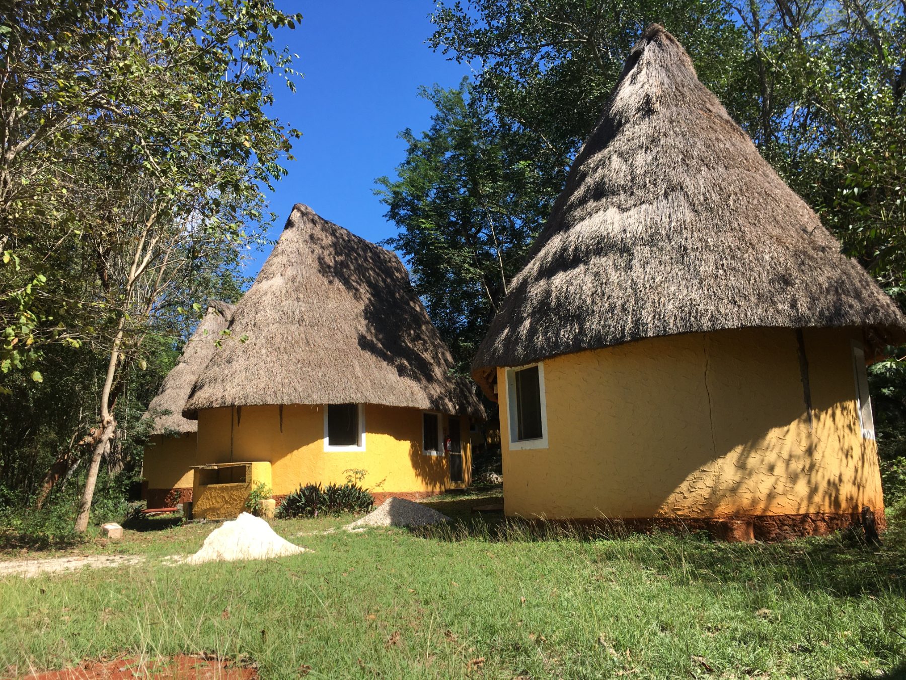 Two ochre-walled thatched dwellings under bright blue sky