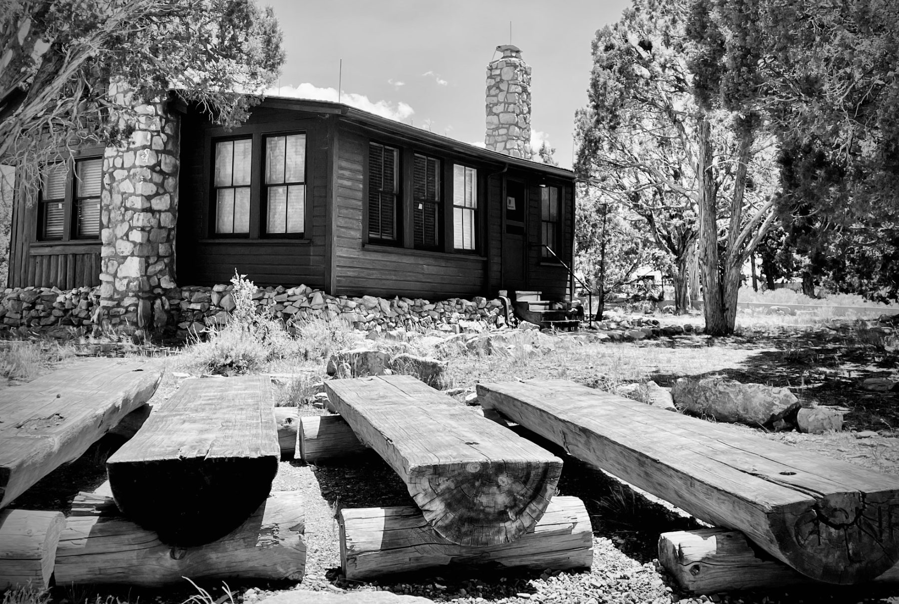 A timber dwelling on the land, in monochrome
